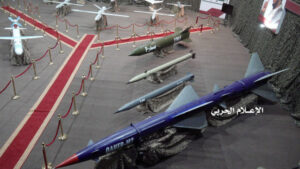 Missiles and drone aircrafts on display at an exhibition at an unidentified location in Yemen